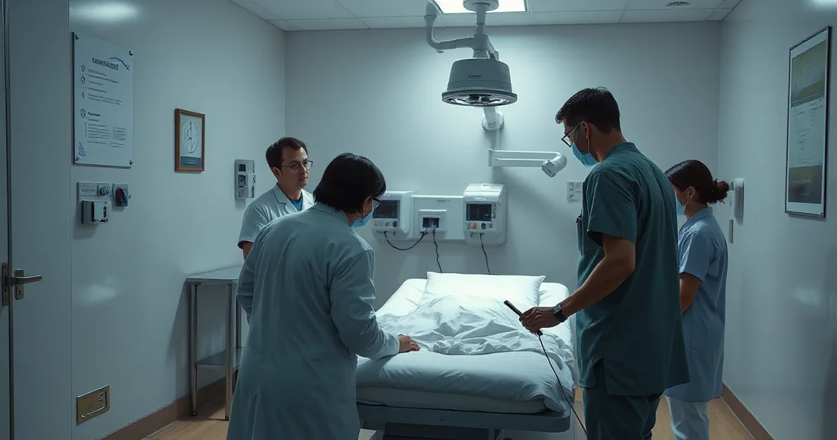 A clinical examination room where a doctor reviews a patient with a nurse while a technician calibrates an unmarked diagnostic camera beside the bed.