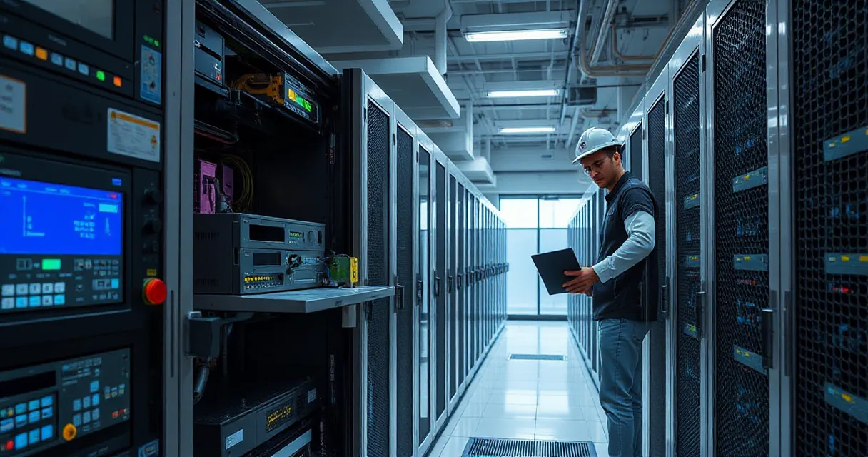 A technician wearing a hard hat and safety vest works inside a server room, installing an accelerator card into a server rack. The scene is well-lit with industrial lighting, emphasizing the technical environment of AI software development and cybersecurity.