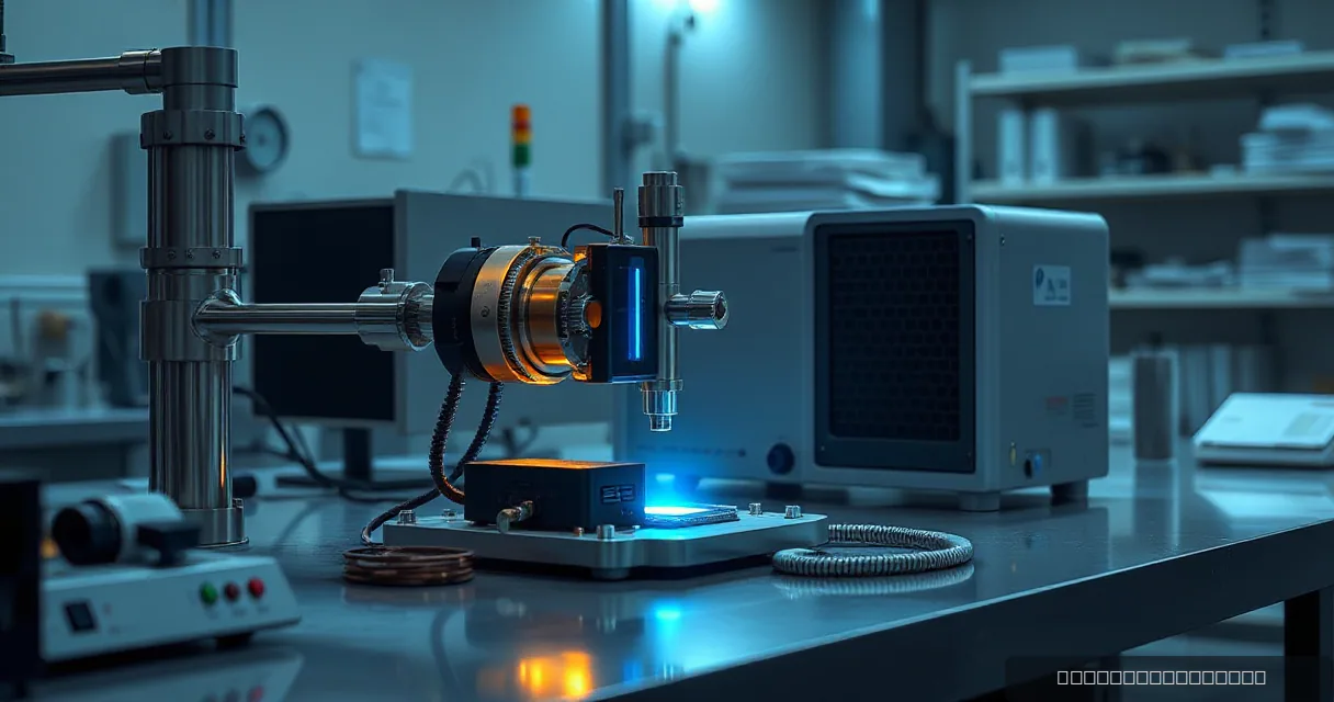 An AI laboratory setup featuring two calibration mechanisms testing an accelerator card in a machine while a cooling unit runs beside. The scene uses a silicon-prism metaphor to symbolize high-quality data processing, with soft silver, midnight navy, cool mint, and vivid cobalt colors enhancing the