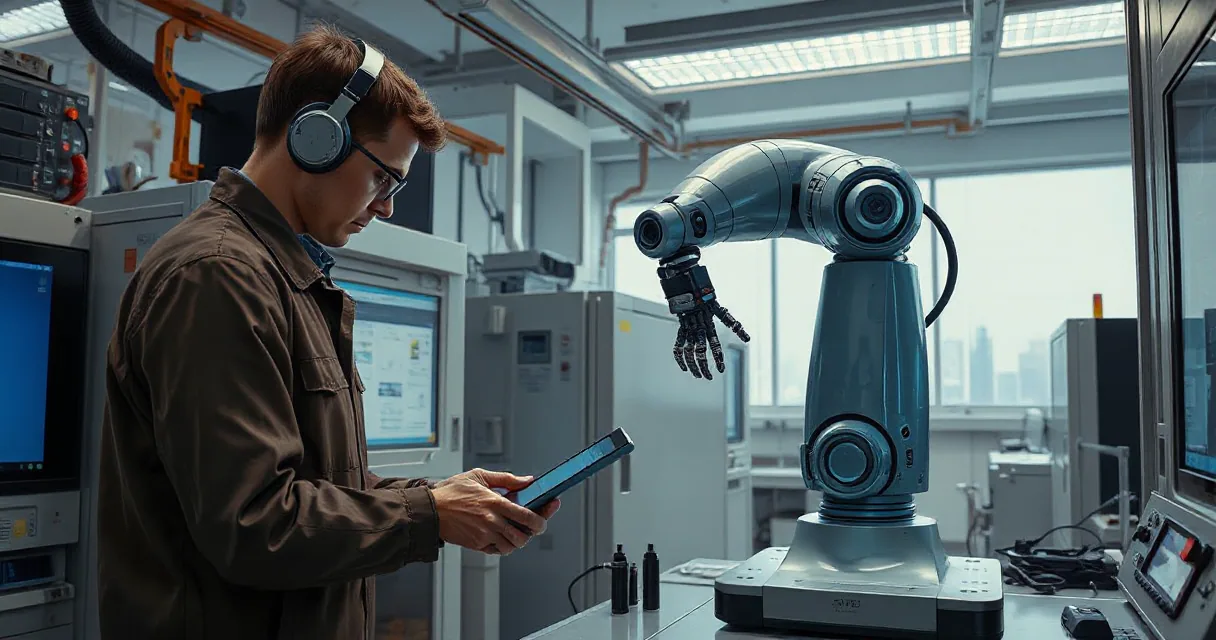 An engineer wearing headphones interacts with a robotic arm in a laboratory setting, holding a tablet as part of what appears to be an AI safety research project supported by OpenAI.