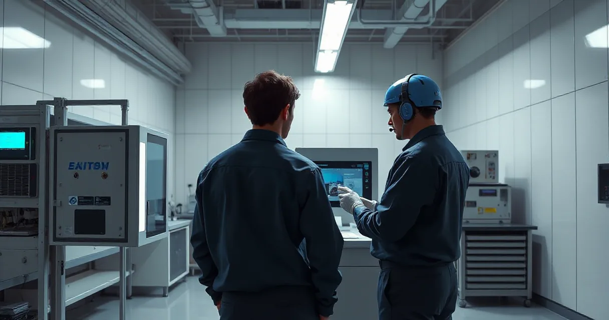 Two engineers are testing an accelerator card in a modern AI laboratory with a cooling unit running beside them, emphasizing the technical and industrial setting.
