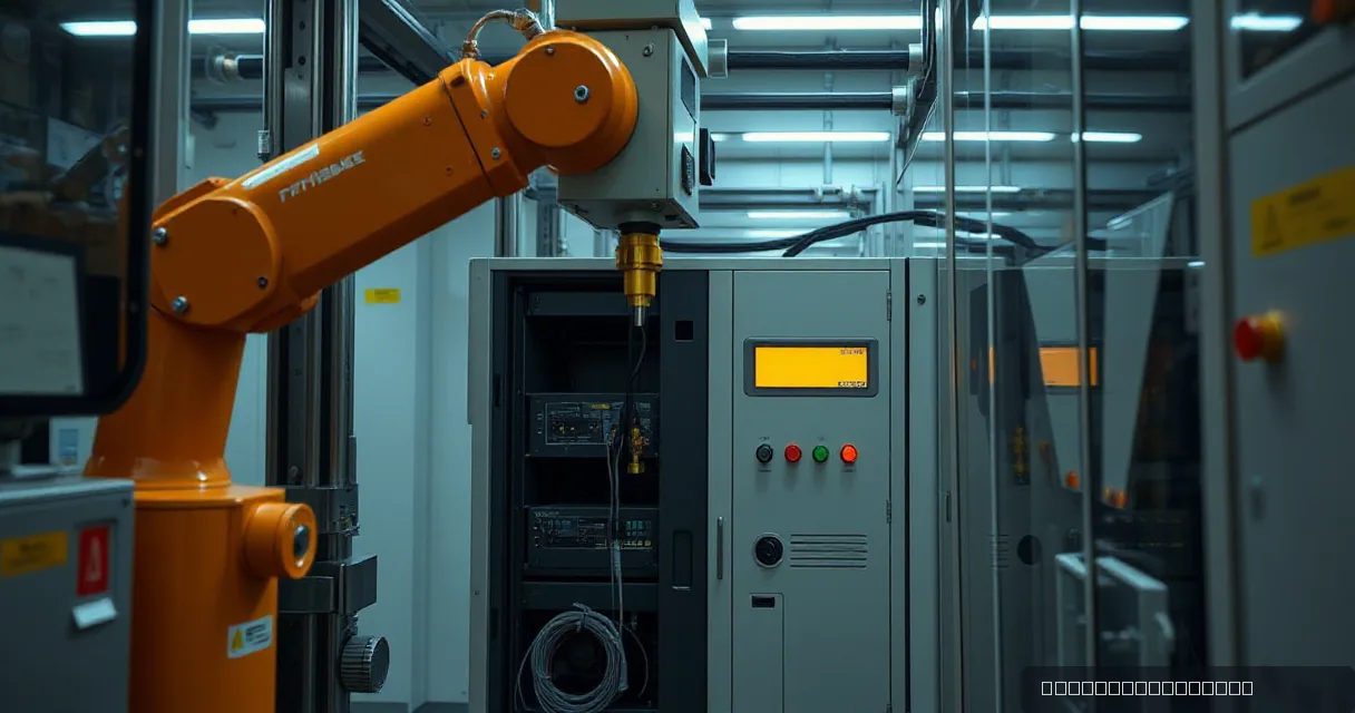 A mechanical service arm replaces a server unit in an advanced precision facility while a calibration mechanism tests the updated machine, symbolizing human leadership integrating with technological scaling.