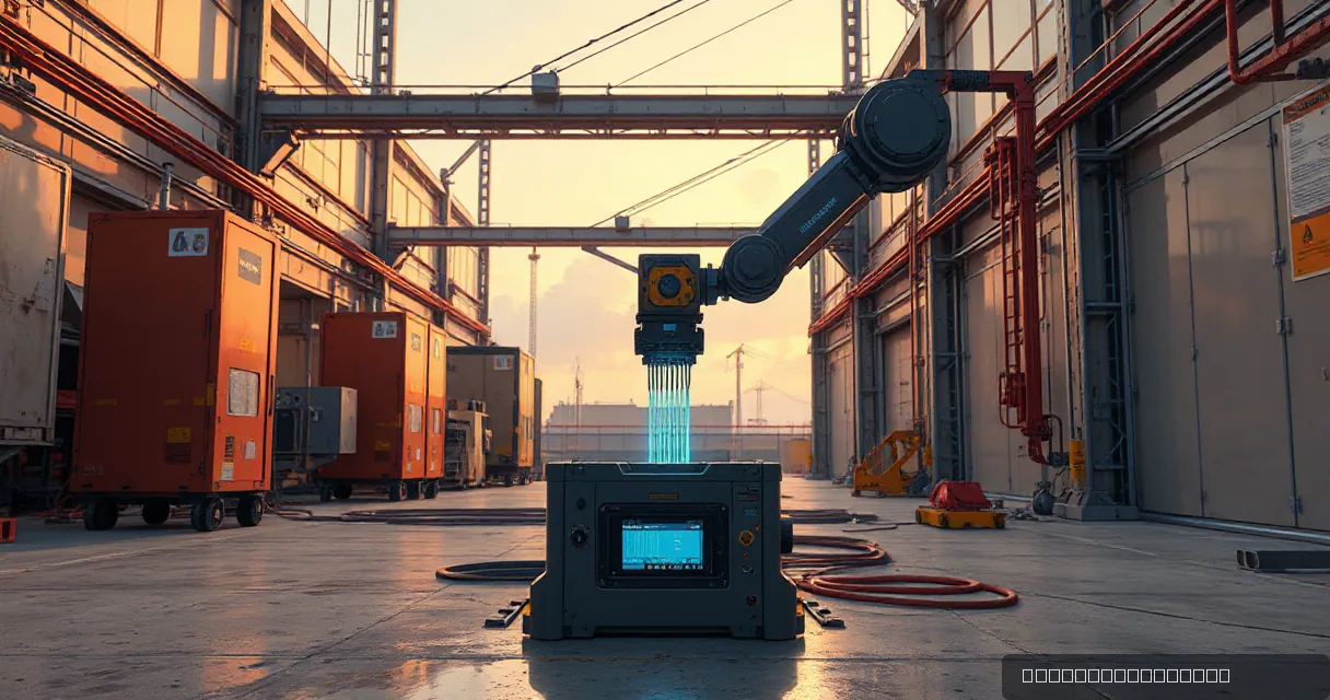 A mechanical service arm is inspecting an unmarked technical instrument on a public infrastructure operations floor. A fiber connection locks into place, symbolizing successful AI software development or integration.
