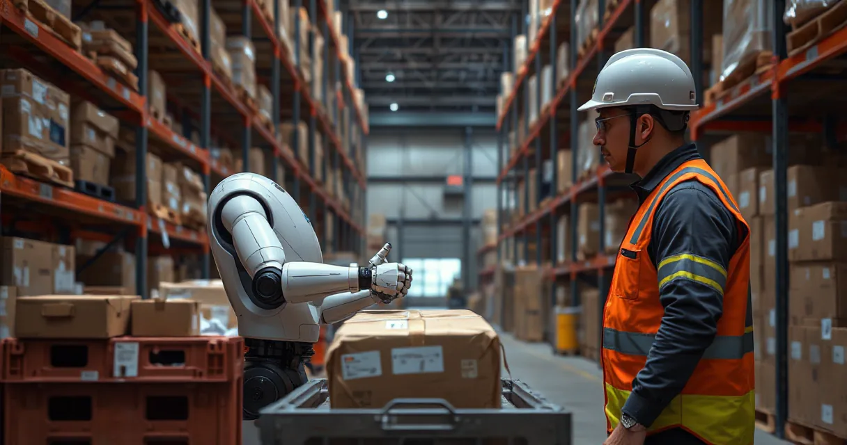 In a spacious warehouse, an autonomous robot sorts unmarked parcels through three physical checks while an operations technician observes the final verified handoff.