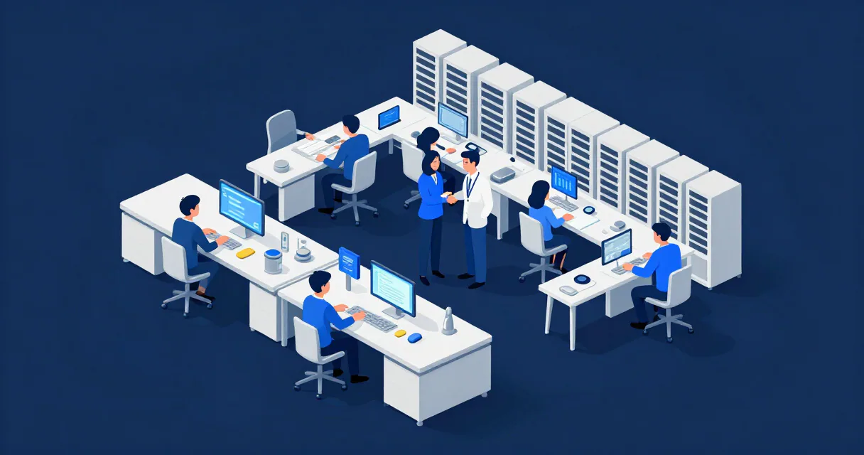 Роботы и люди координируют работу на складской площадке, показывая напряжение между автоматизацией и сохранением человеческих ролей.