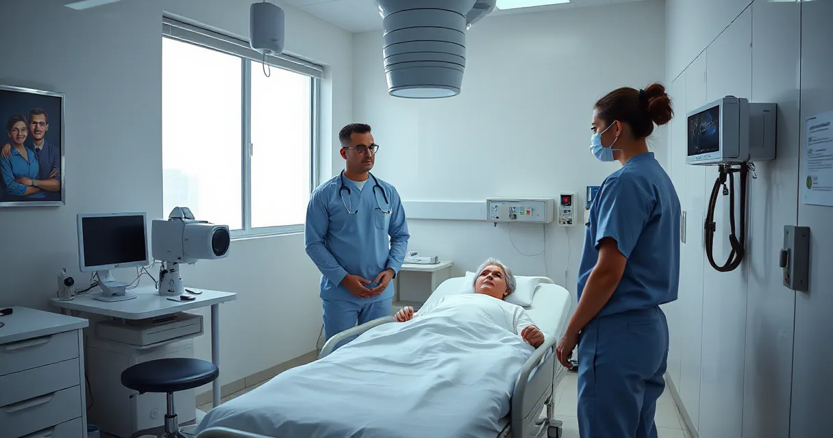 A clinical examination room where a doctor and nurse interact with medical equipment while a technician calibrates an unmarked diagnostic camera beside the bed. The scene is set in a modern, sterile environment with minimalistic design elements, emphasizing the use of artificial intelligence in heal