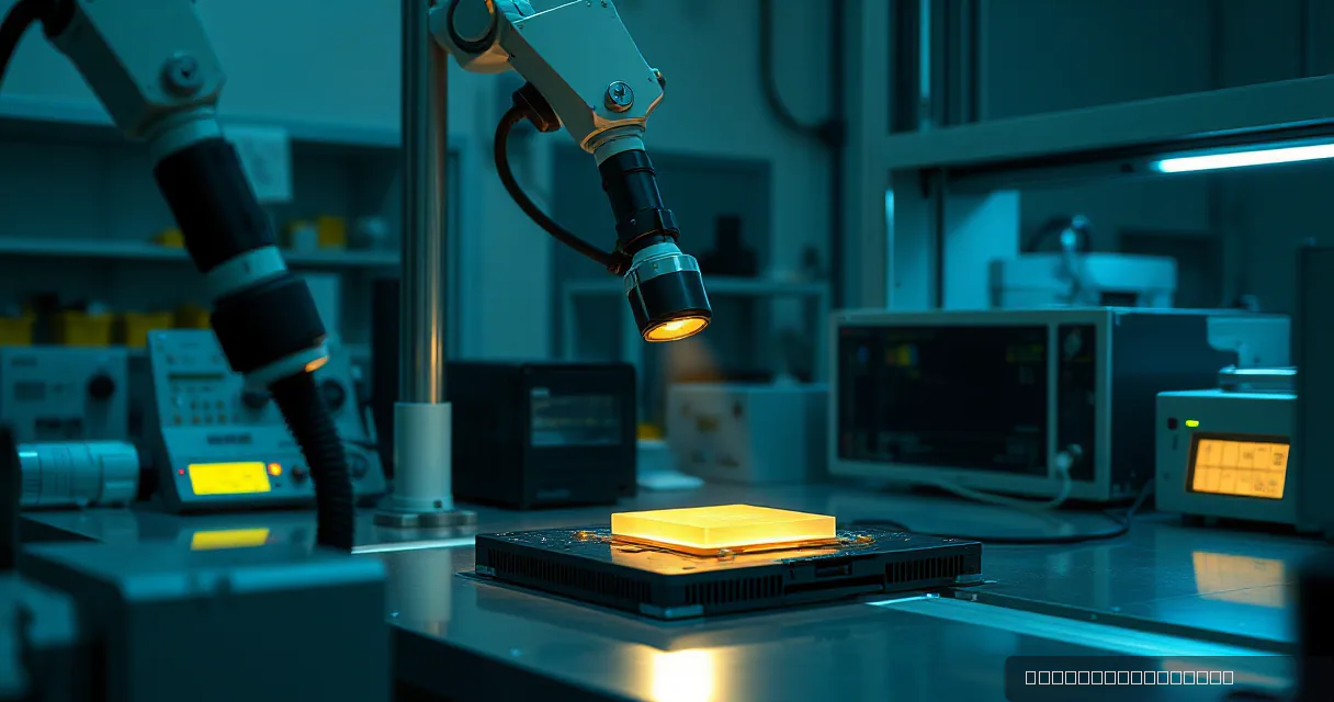 A mechanical service arm interacts with an accelerator card in a hardware laboratory setting, symbolizing advanced AI technology development. A silicon prism metaphor is used to represent cutting-edge computing infrastructure.