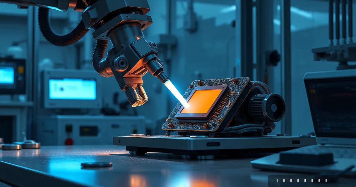 A mechanical service arm precisely works on an accelerator card in a hardware laboratory, symbolizing advanced technology development through a silicon-prism metaphor.