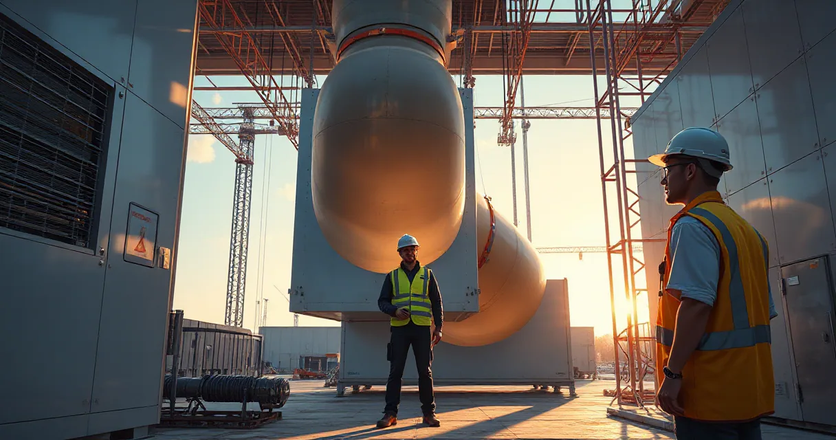 Two technicians guide a large cooling duct into place at an active data center construction site under late-afternoon light.
