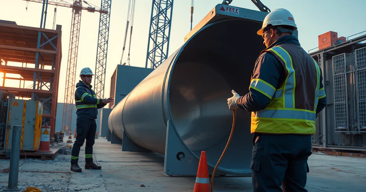 Two technicians at an active data center construction site guide a large smooth cooling duct into place while a site engineer checks the physical handoff from a close side view.