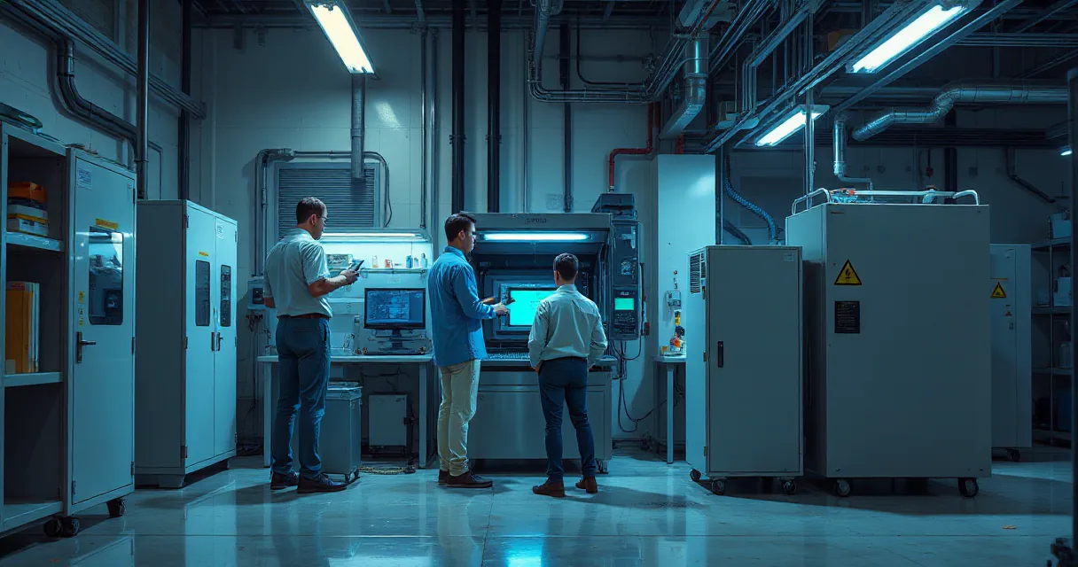 Two engineers are testing an accelerator card in an AI laboratory setting. One engineer operates the equipment while another observes nearby as a cooling unit runs beside them.