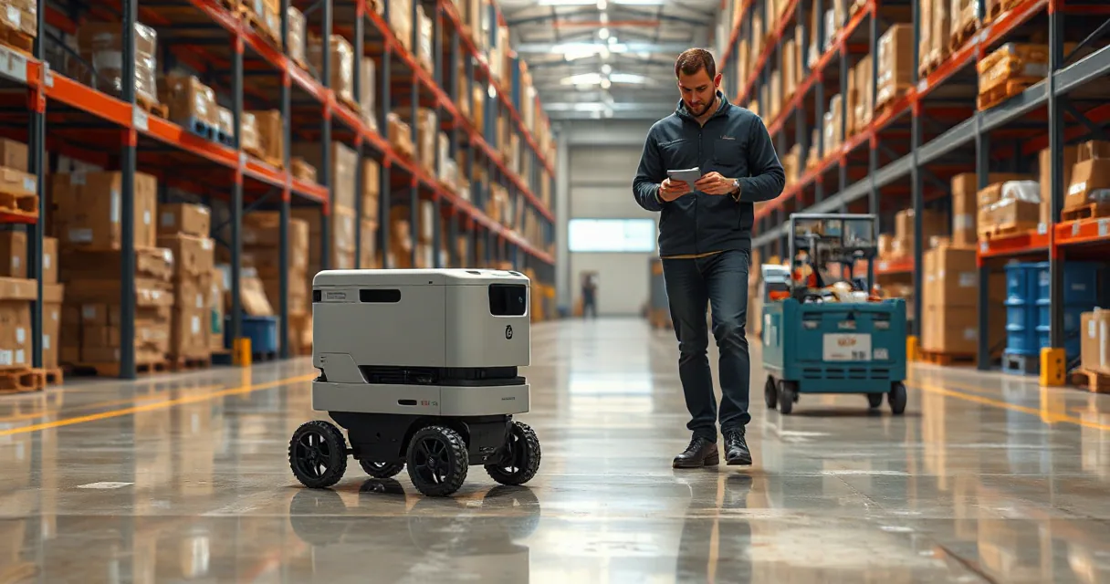A mobile warehouse robot collects, scans, and delivers a parcel while a technician observes in a large warehouse setting.