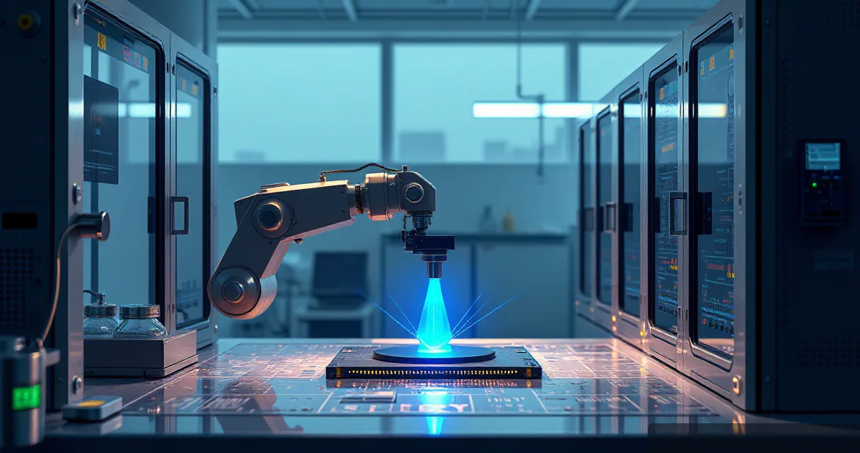 A robotic arm installs an accelerator card into a relay cabinet in a precision facility laboratory, symbolizing advanced AI technology and minimal resource usage for machine learning research. The scene uses a silicon-prism metaphor to represent the installation process under controlled lighting con
