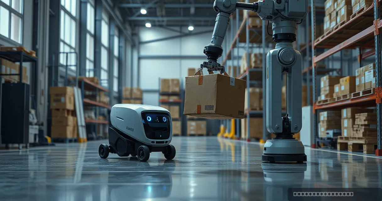 A mobile warehouse robot collects, scans, and delivers one unmarked parcel while a mechanical arm observes in a clean, modern warehouse setting.