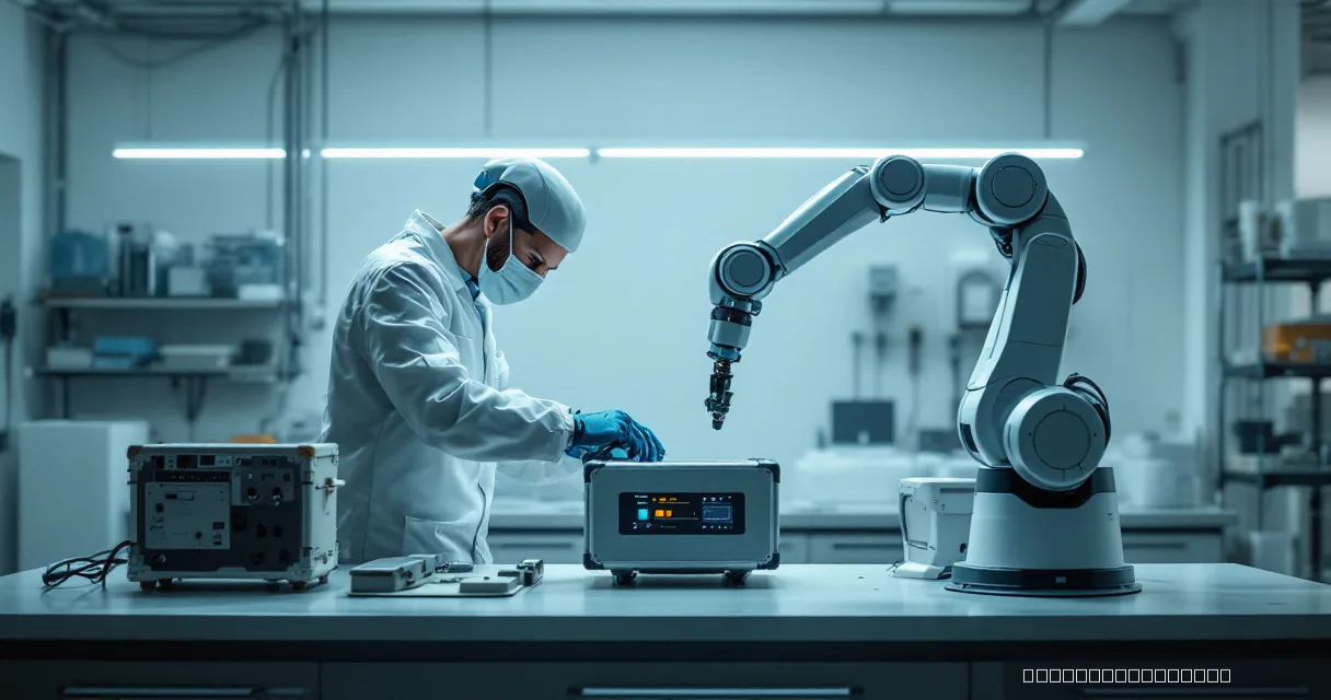 A technician in a white lab coat and protective gear is seen connecting one sealed equipment case to a plain workbench while a robotic arm secures the physical handoff beside it. The scene takes place inside an open-source laboratory, emphasizing advanced technology development.