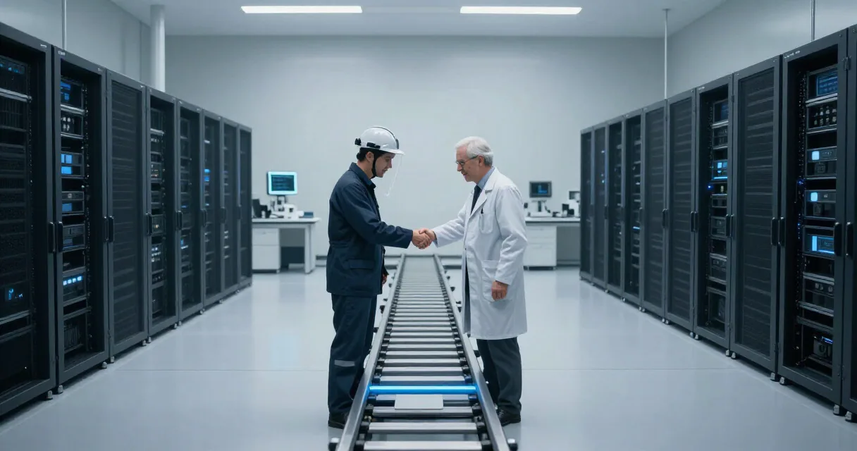 Учёные совместно обсуждают исследовательскую работу в современной лаборатории.