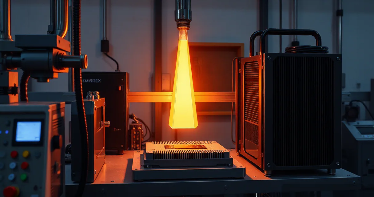 An AI laboratory setup where two calibration mechanisms test an accelerator card under bright orange light, symbolizing a silicon-prism metaphor for the interaction between human and digital intelligence in restoring biological structure vitality.