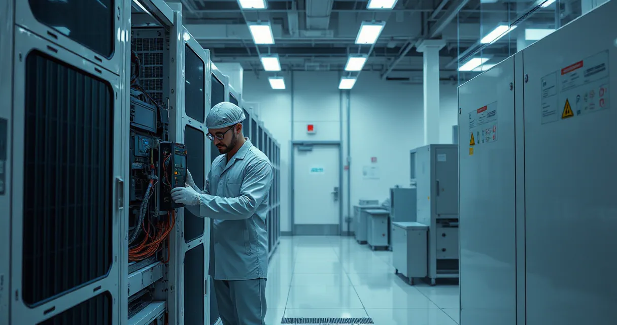 A technician in a lab coat and gloves works on an accelerator card within a server rack, while the surrounding environment features other test benches and equipment, emphasizing the expansion of GeForce NOW's server infrastructure in Toronto.