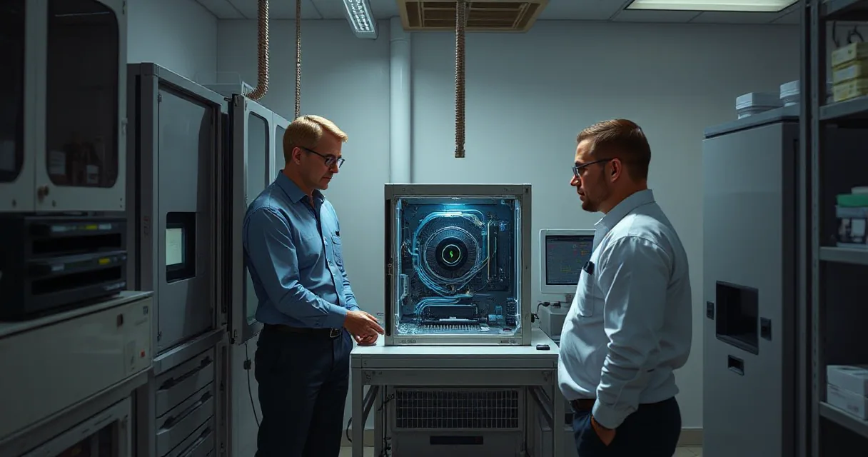 Two engineers in an AI laboratory test an accelerator card within an open machine while a cooling unit operates beside it, symbolizing advanced technology development.