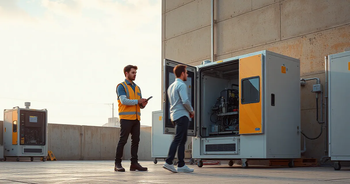 Two engineers testing an accelerator card within an open machine in what appears to be an AI laboratory setting.