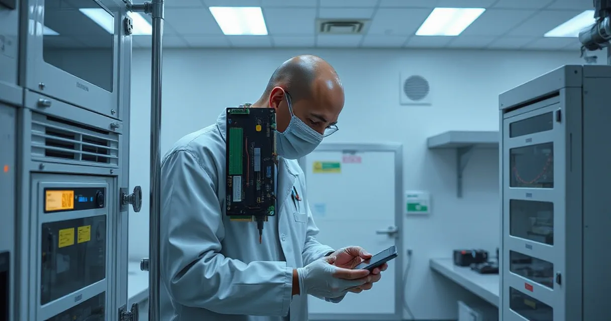 A technician in a laboratory environment replaces an accelerator card while calibrating its cooling unit. The scene uses real equipment to show the before-and-after relationship through shared space, emphasizing the technological development of AI software.
