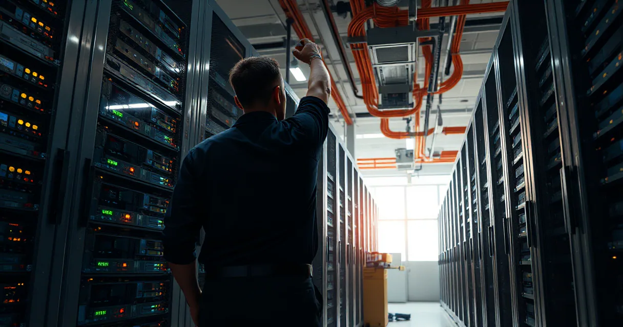 A technician in a data center replaces server units while an engineer tests the updated machine, with surrounding racks remaining active under early-morning side light.