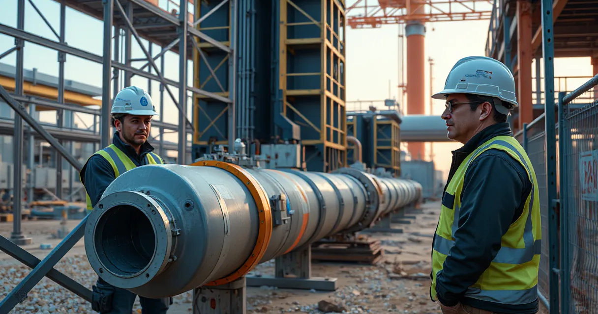 Two technicians wearing safety vests and hard hats connect a large matte cooling pipe at an active data center construction site under early morning side light.