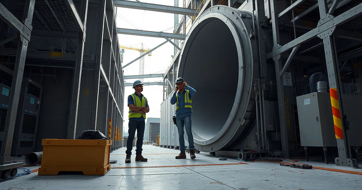 Two technicians in safety gear guide a large smooth cooling duct into place at an active data center construction site under industrial lighting.