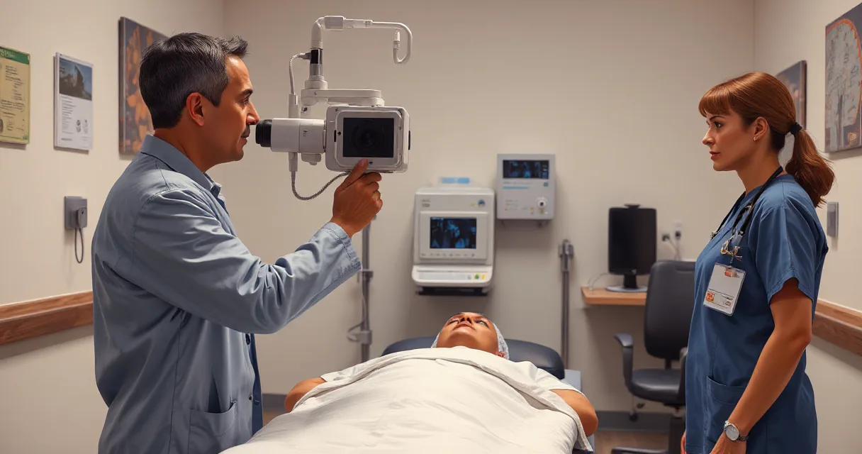 In a quiet hospital examination room, a clinician examines a patient while adjusting an AI-assisted diagnostic camera. A nurse observes the procedure, symbolizing the integration of artificial intelligence in healthcare strategies.