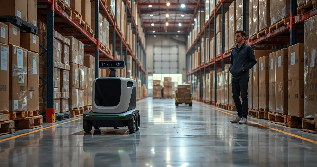 A warehouse scene featuring a mobile robot collecting, scanning, and delivering an unmarked parcel while being observed by a technician. The setting is realistic with no text or branding visible.