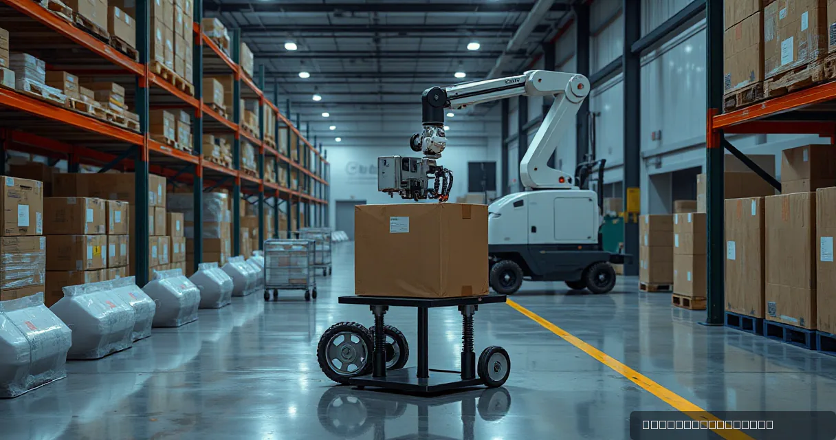 A mobile warehouse robot collects, scans, and delivers an unmarked parcel in a real warehouse setting while a mechanical arm observes the completed multi-step task.