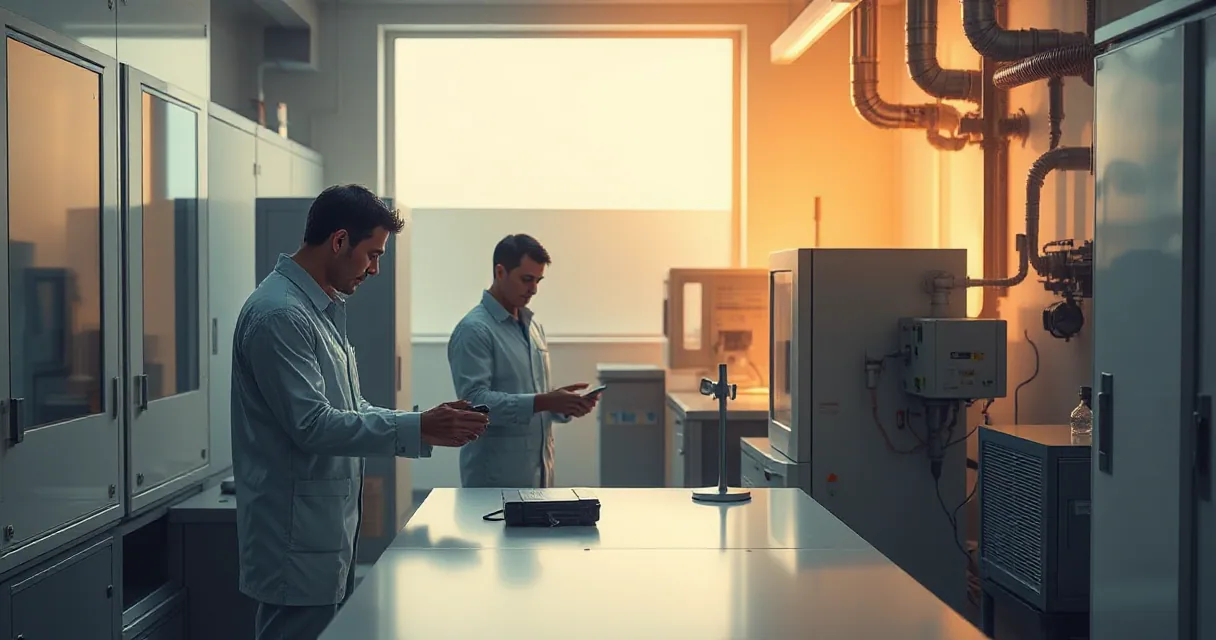 Two engineers in lab coats are testing an accelerator card within an open machine in an AI laboratory setting. The scene is illuminated by early-morning side light, creating atmospheric depth and emphasizing their focused actions.