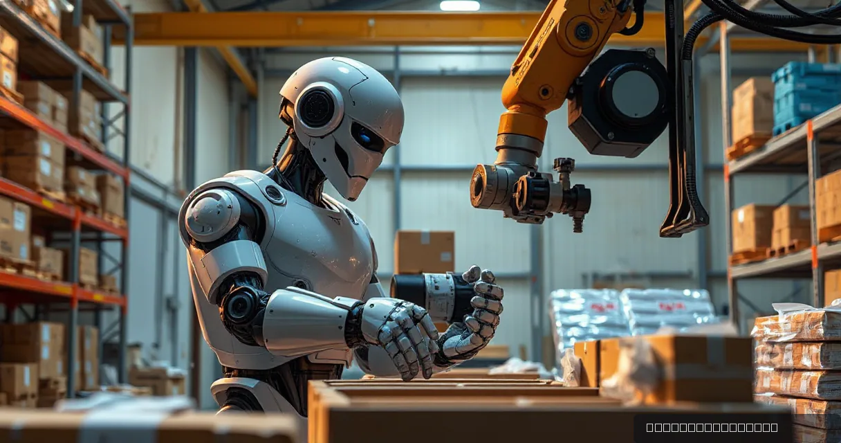 An autonomous warehouse robot sorts unmarked parcels through three physical checks while an operations mechanical service arm observes the final verified handoff in a working warehouse environment.