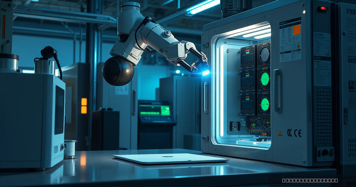 A robotic arm installs an accelerator card into a relay cabinet in a precision facility laboratory under cool ambient lighting and a low three-quarter view.