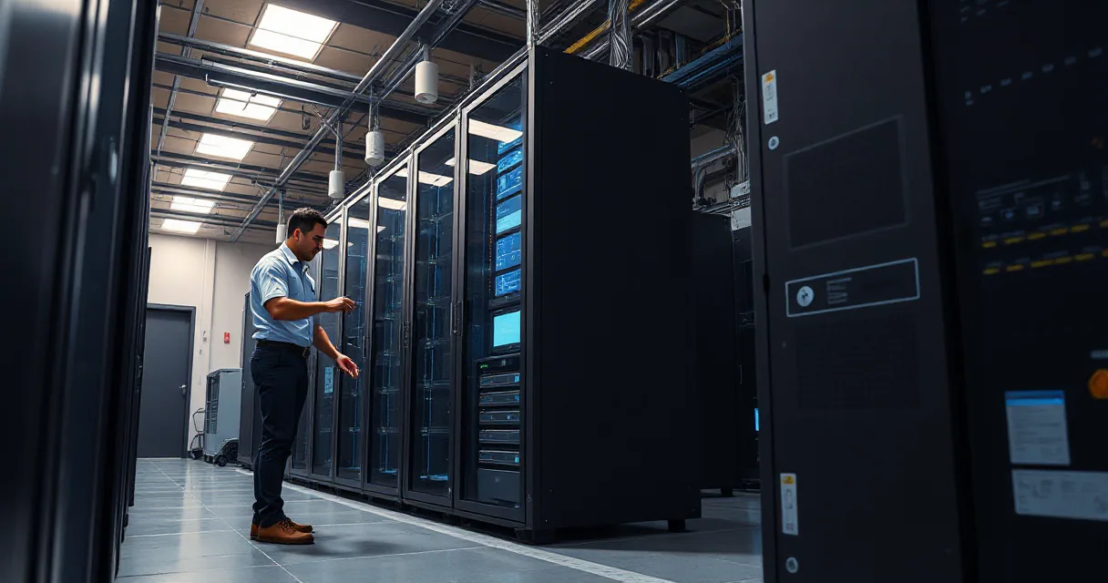 A technician works within a data center, focusing on server maintenance amidst an active server rack environment.