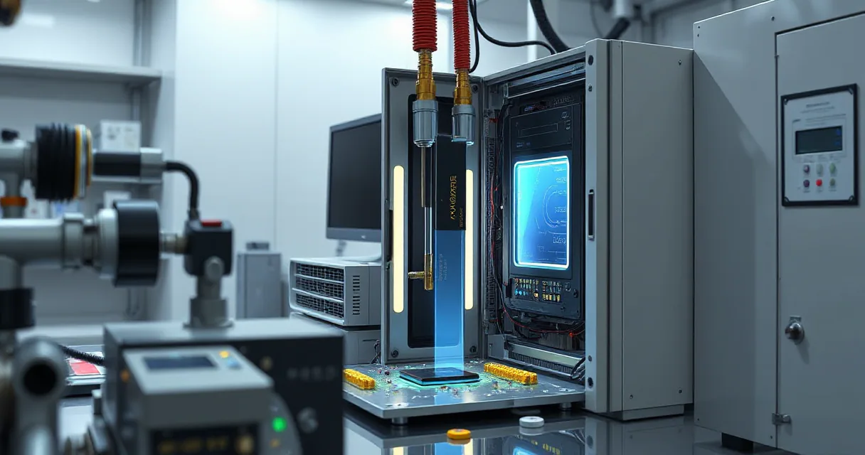 A precision facility laboratory where a mechanical service arm installs an accelerator card into a relay cabinet while a calibration mechanism tests the upgraded machine under realistic load. A silicon wafer and ceramic module meet a prism of light on a workbench, symbolizing the focal action in AI