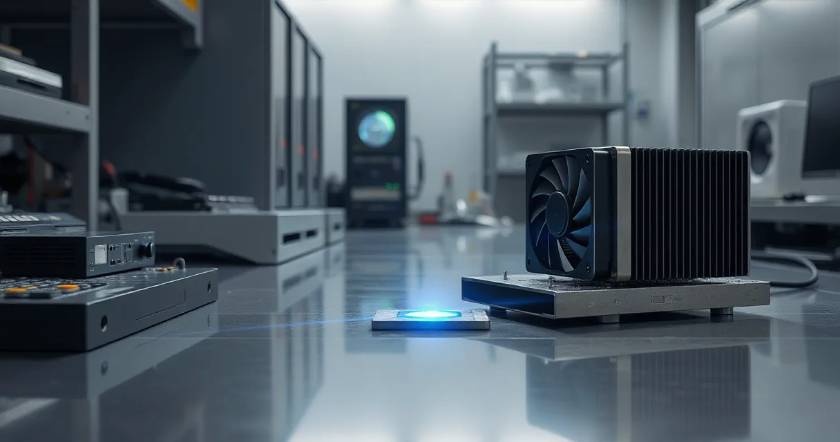 A hardware laboratory scene where an accelerator card is being replaced and calibrated with a focus on its cooling unit. A silicon wafer meets a ceramic module under a prism of light, symbolizing standardization in project 🤗 Kernels.