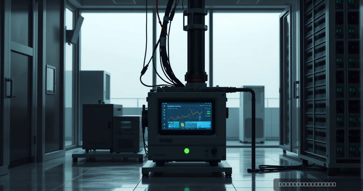 A technical instrument in a dimly lit room with fiber optics connecting to it, symbolizing artificial-intelligence software development. The screen displays data, indicating successful integration or learning cycle completion.