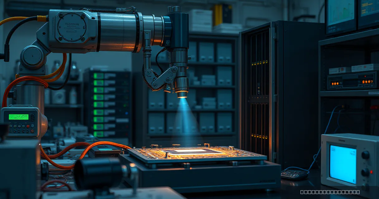 A mechanical service arm installs an accelerator card into a relay cabinet in a precision facility laboratory while a calibration mechanism tests the upgraded machine under realistic load.