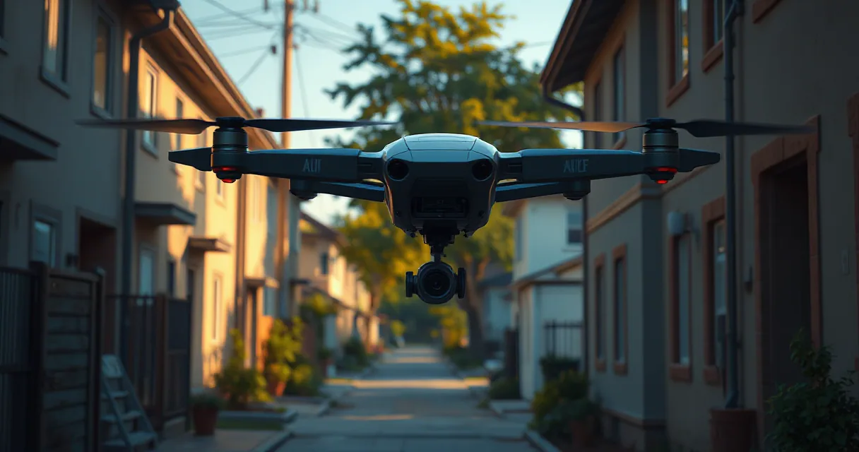 A sleek black drone labeled 'Alice' hovers in a quiet residential street during golden hour, symbolizing artificial intelligence's influence on the job market.