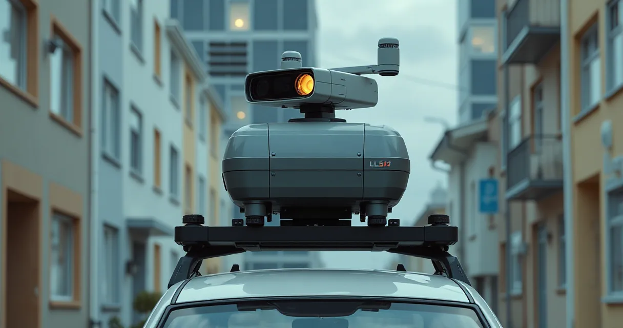 A mapping vehicle equipped with sophisticated camera technology is shown from a high angle against a backdrop of urban buildings, emphasizing the use of artificial intelligence for environmental monitoring.