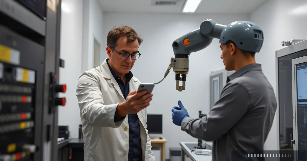 An engineer in a lab coat installs an accelerator card while a technician tests it on a robotic arm in a modern laboratory setting.