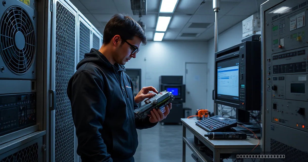 A technician in a laboratory setting replaces an accelerator card while calibrating its cooling unit, with industrial equipment and monitors visible around him.