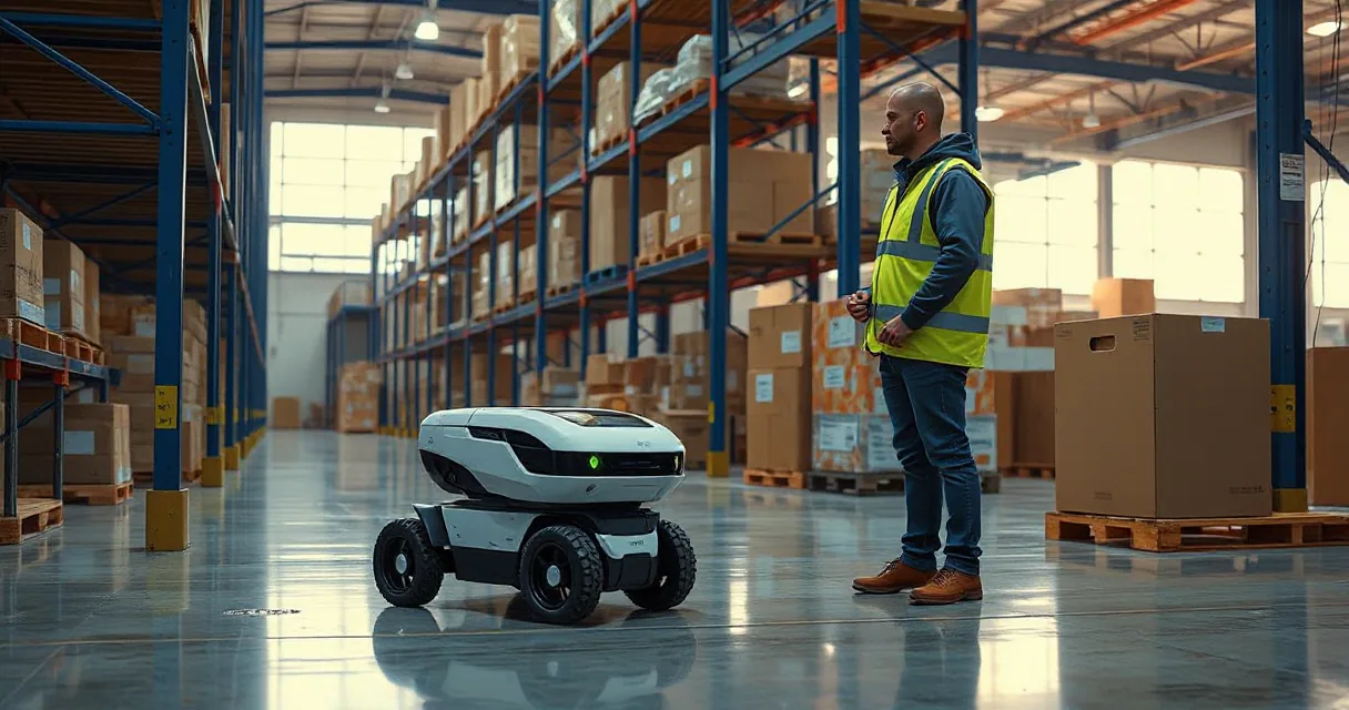A mobile warehouse robot operates autonomously within a large industrial warehouse, collecting and delivering an unmarked parcel while being observed by a technician wearing safety gear.