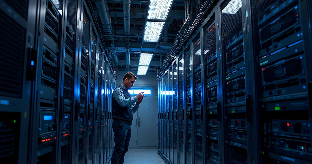 A technician in a data center environment is shown interacting with server racks, symbolizing the safe deployment of artificial intelligence technologies by OpenAI, as certified under FedRAMP Moderate. The scene captures the meticulous process within a secure and active server room setting.