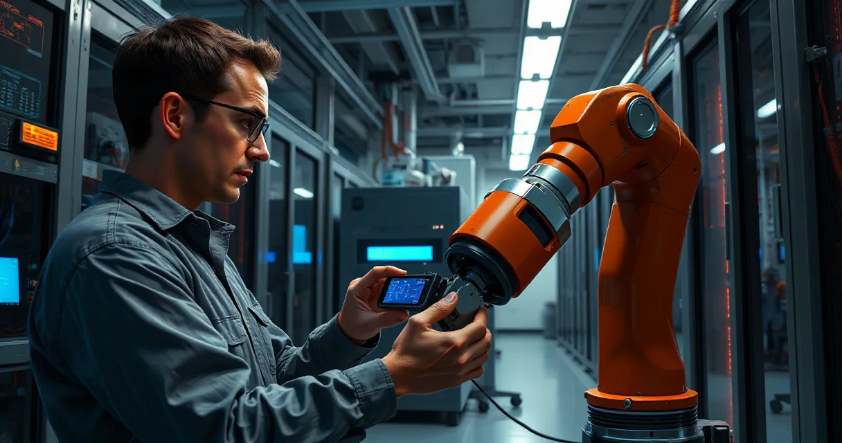 An engineer installs an accelerator card while a technician tests it on a robotic arm within a modern AI laboratory filled with servers and industrial equipment.