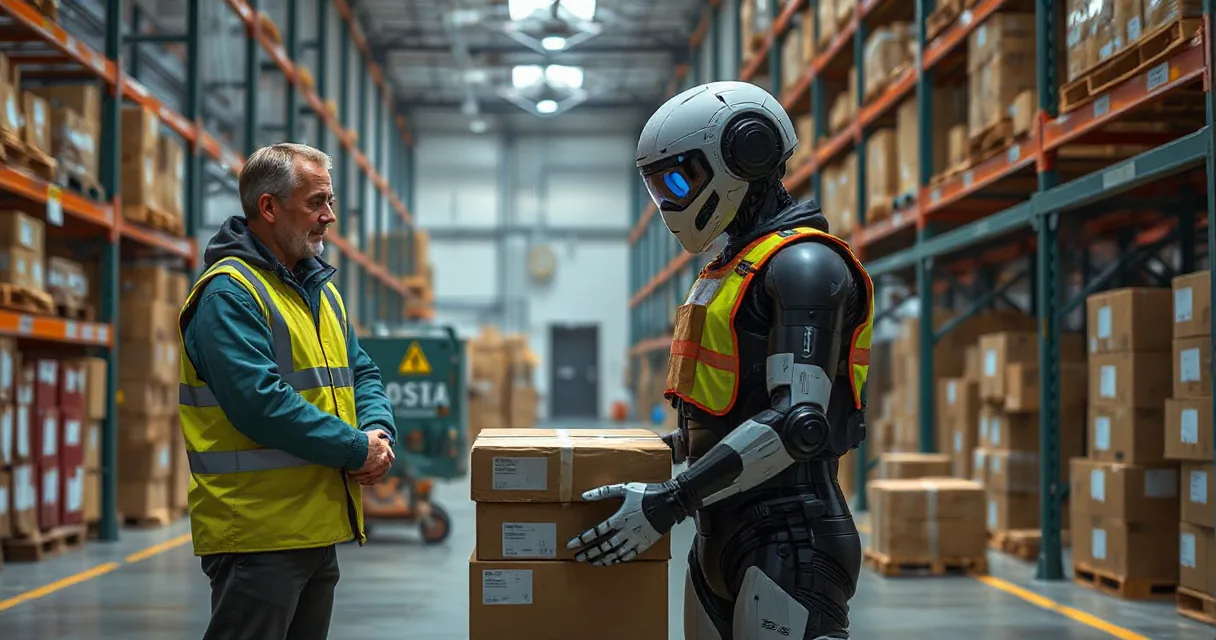 An autonomous warehouse robot in a high-visibility vest sorts unmarked parcels under the supervision of an operations technician in a large industrial warehouse setting.