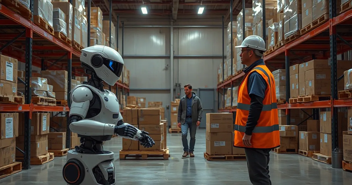 An autonomous warehouse robot sorts unmarked parcels in a working warehouse while an operations technician observes the final verified handoff.