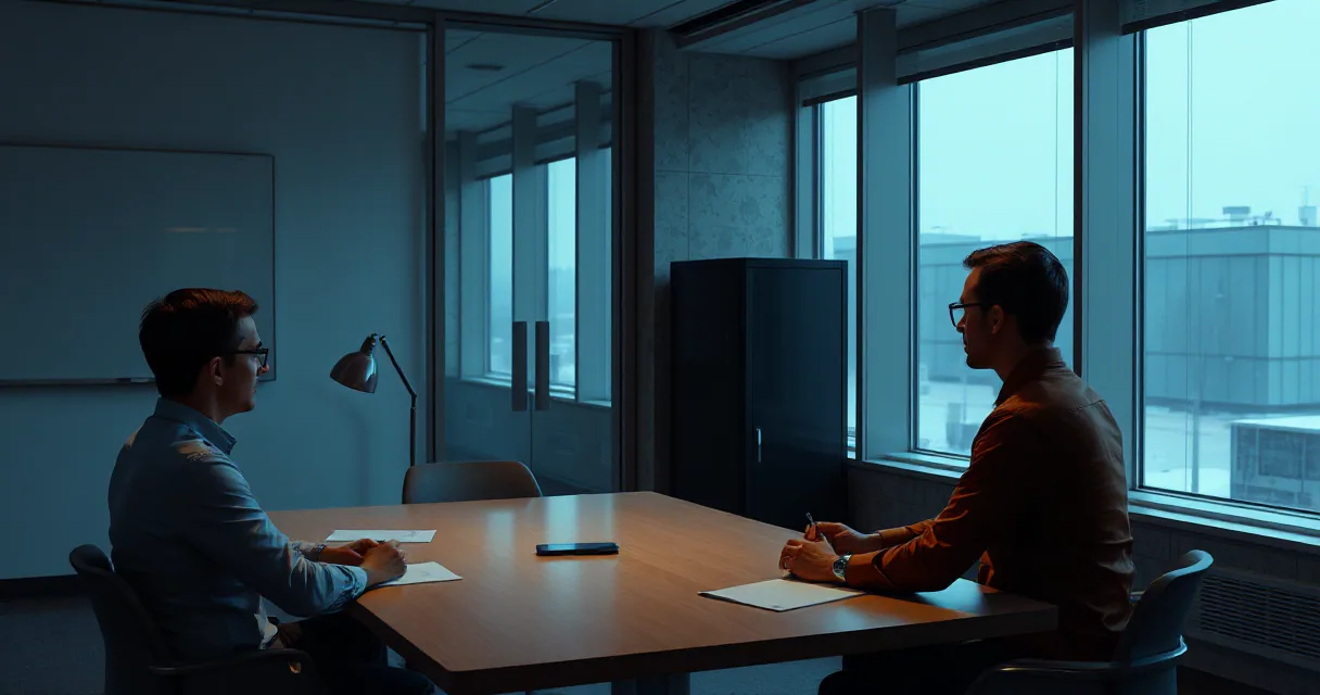 Two individuals in an office training room, one appears to be rehearsing or preparing for a meeting while the other observes and possibly coaches, with natural light streaming through large windows.