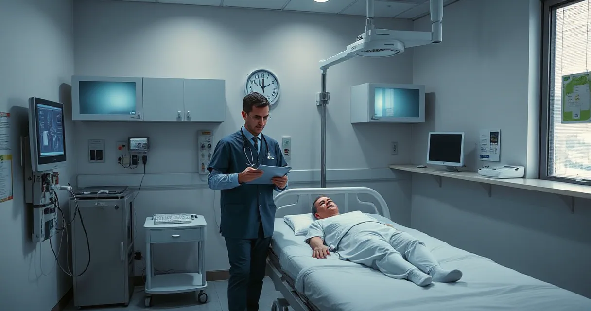 A doctor reviews a patient while a technician calibrates an unmarked diagnostic camera beside the bed in a clinical examination room. The scene symbolizes AI's role in protecting people from harmful manipulation within healthcare settings.